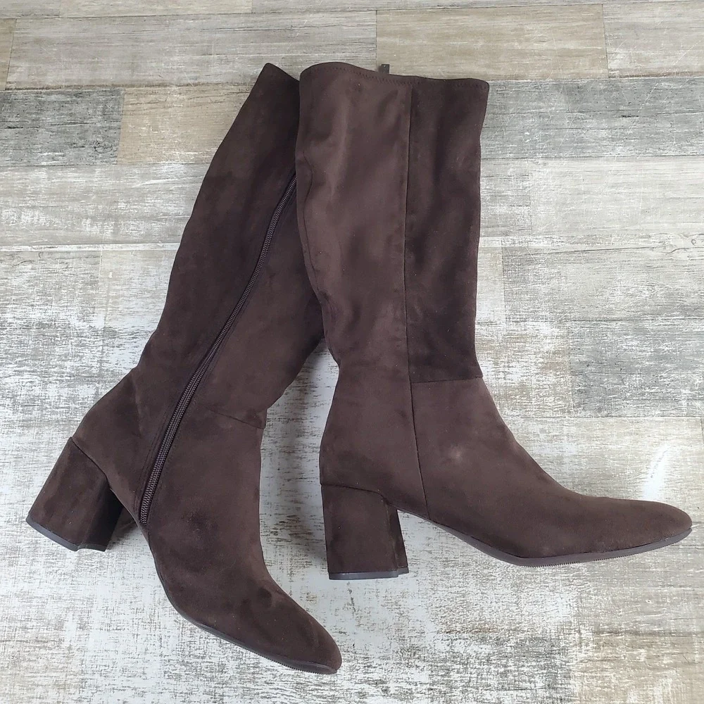 Anne Klein Lacey Womens Knee High Boots Sz 11 Brown Suede Block Heel Side Zipper